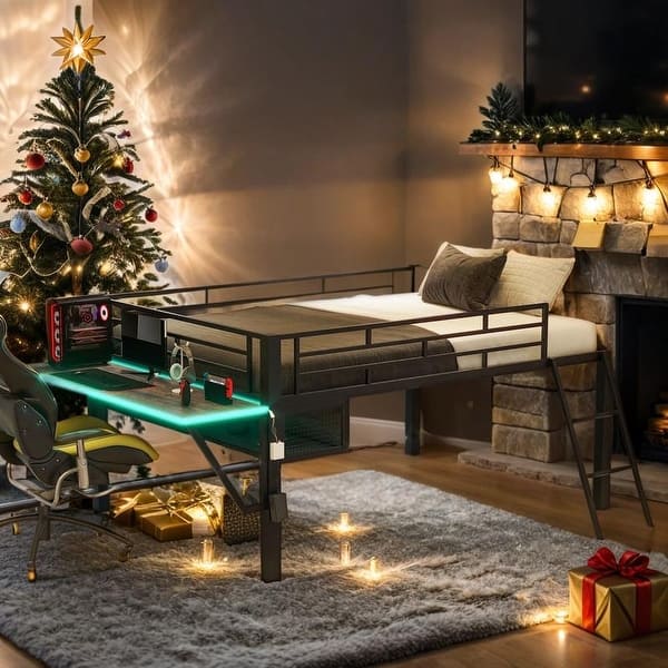 slide 2 of 14, Industrial Modern Full Size Gaming Mid Loft Bed with desk & LED, Maximized Space, Sturdy Construction & Safety Guaranteed, Black Black