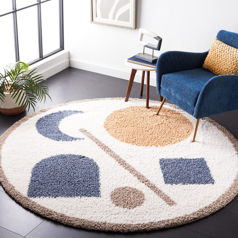 SAFAVIEH Calico Shag Vitalia Mid-Century Modern 1.5-inch Thick Rug - 6'7" Round - Ivory/Blue