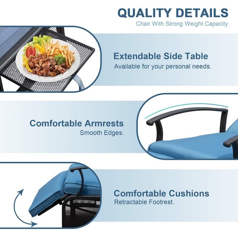 Outdoor Chaise Lounge Chair with Extendable Side Table & Adjustable Angle, Recliner Chair with Removable Cushions