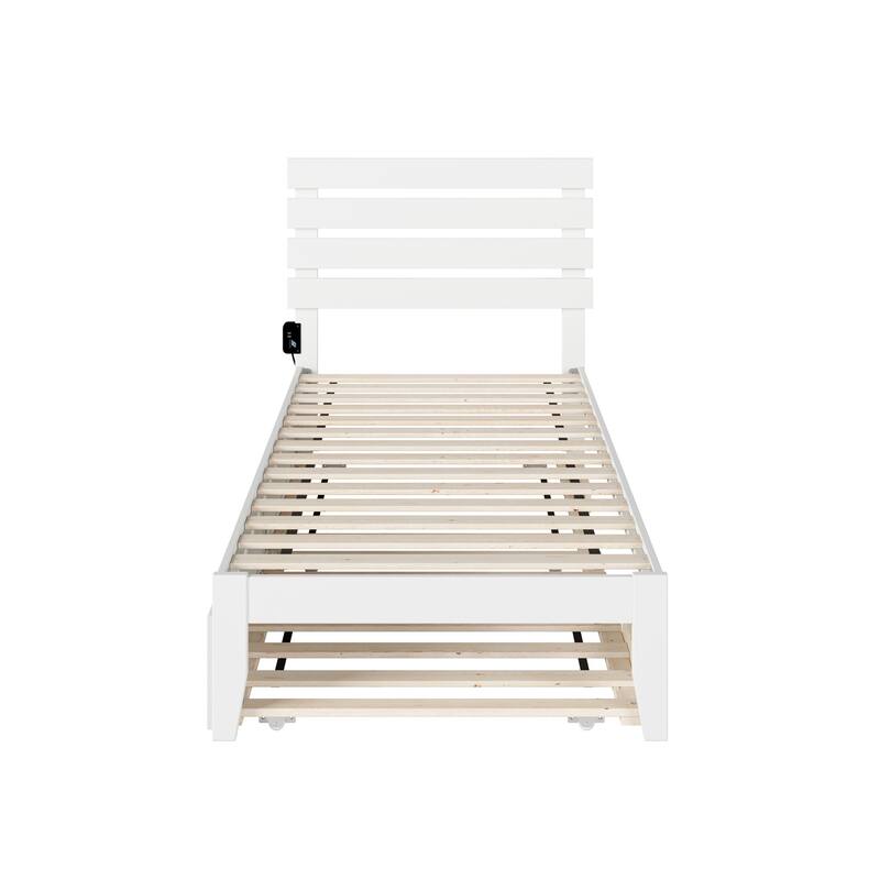 Mediterranean Twin XL Bed with Trundle & USB - White Platform Bed Frame - Space Saving Design