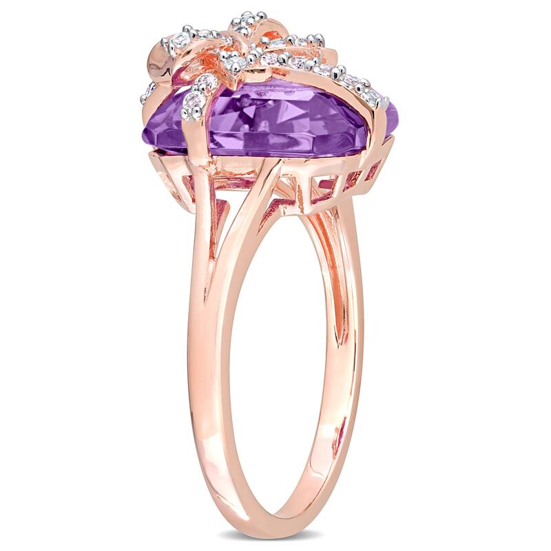 Miadora Octagon Amethyst & White Topaz Bow Split Shank Cocktail Ring in Rose Plated Sterling Silver
