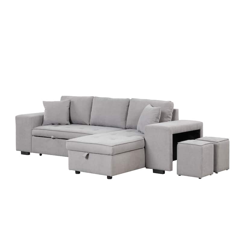 104" Modern L-Shape 3 Seat Reversible Sectional Couch, Pull Out Sleeper Sofa with Storage Chaise and 2 Stools for Living Room Fu