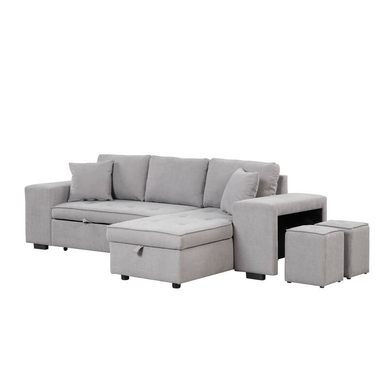 Modern L-Shape 3 Seat Reversible Sectional Couch, Pull Out Sleeper Sofa with Storage Chaise and 2 Stools