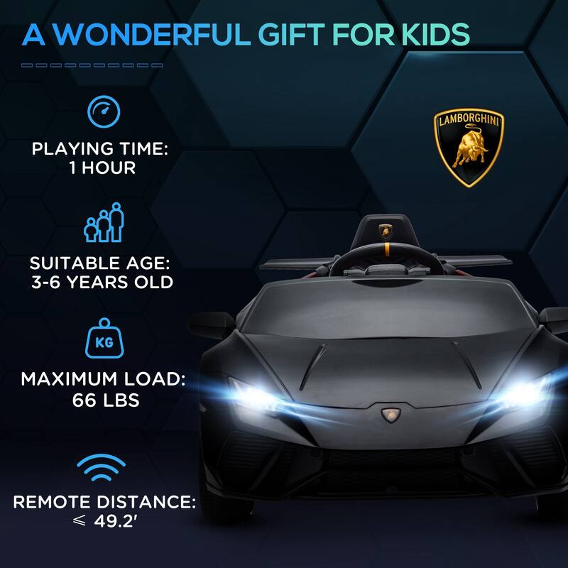 Qaba 12V Lamborghini Huracan Licensed Kids Electric Car with Remote Control, Spring Suspension, Transport Wheel, LED Lights