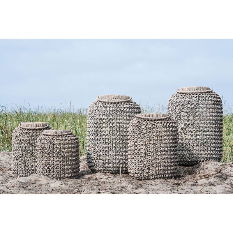 Whitewashed Woven Water Hyacinth Lantern with Glass Insert