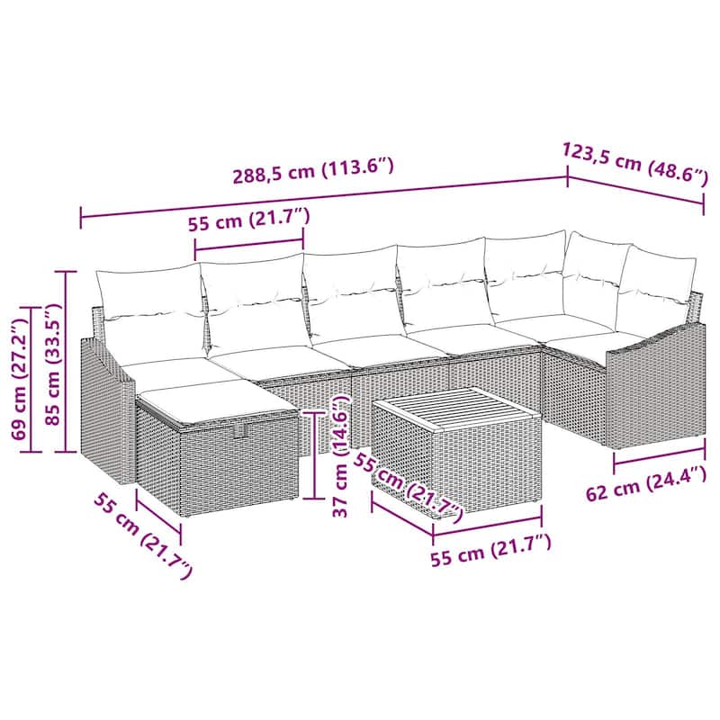 vidaXL 8 Garden Sofa Set with Cushions Black/Grey Poly Rattan - 113.6 x 48.6 x 27.2