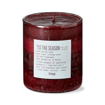 Tis The Season Themed Scented Paraffin Wax Pillar Candle Small, Red, 3x3.3 inch, Burn Time 55 Hours