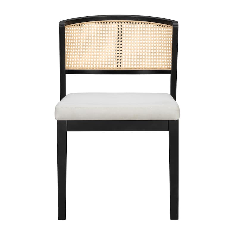 Rattan Dining Chairs Set of 2, Fabric Upholstered Kitchen Side Chair, Curved Rattan Back