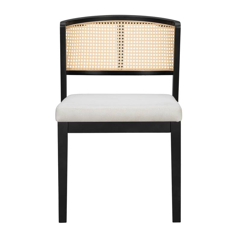 Set of 2 Rattan Dining Chairs - Fabric Upholstered Seat, Curved Rattan Back & Hardwood Frame, Armless