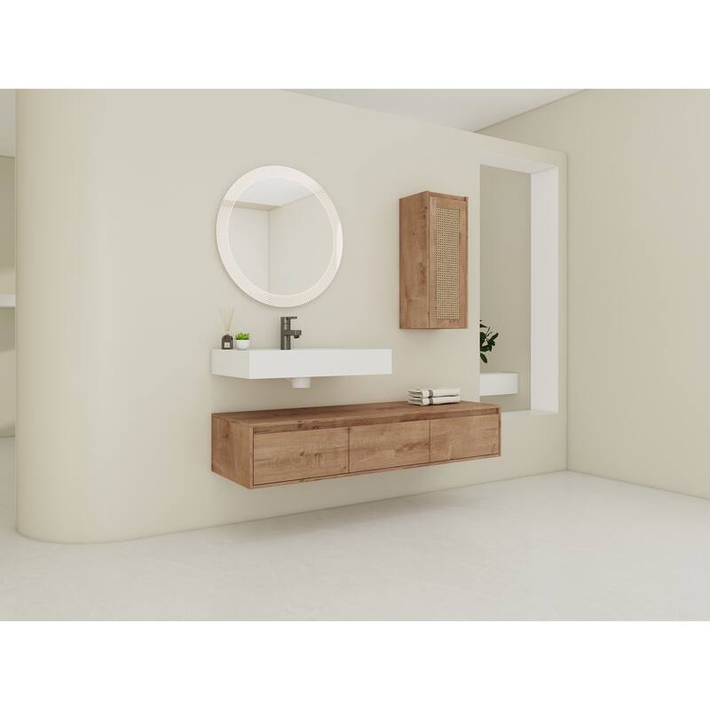60 inch Wall-Mounted Bathroom Vanity with Resin Sink and Side Cabinet,3-Soft Close Drawer,Float Mounting Design