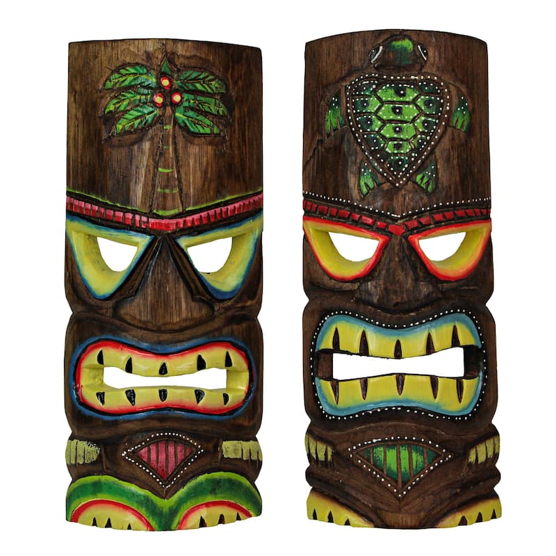 12 Inch Carved Wood Tiki Mask Wall Art Palm Tree/ Turtle (Set Of 2)