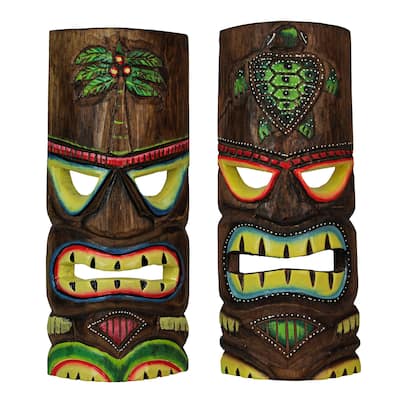 12 Inch Carved Wood Tiki Mask Wall Art Palm Tree/ Turtle (Set Of 2)