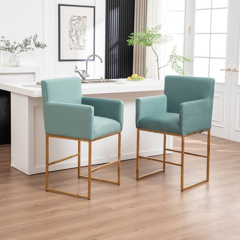 SEYNAR Mid Century Modern Velvet Accent Armrest 27-inch Tall Bar Stool Set of 2 with Metal Frame