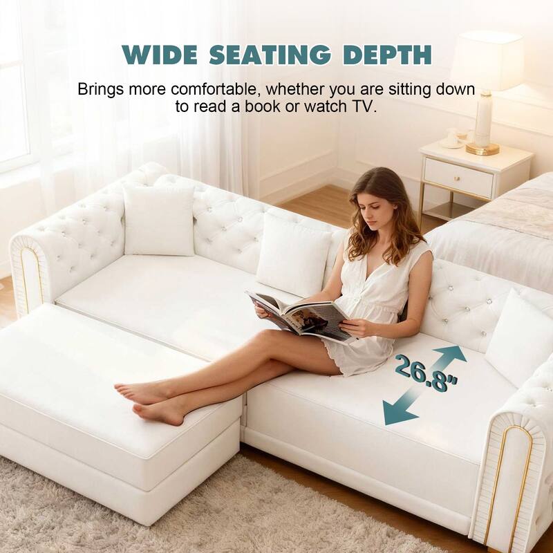 90.6" Velvet Pull Out Sofa Bed, 3-in-1 Convertible Sleeper Sofa with Movable Ottoman, Modern Button Tufted Chesterfield Sofa