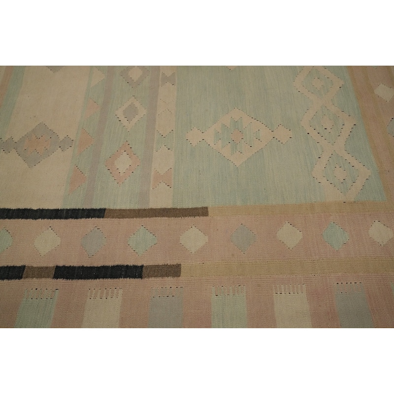 Hand Woven Oriental 100% Wool Carpet Southwestern Tribal Green Kilim Area Rug - 9' 10'' X 8' 4''