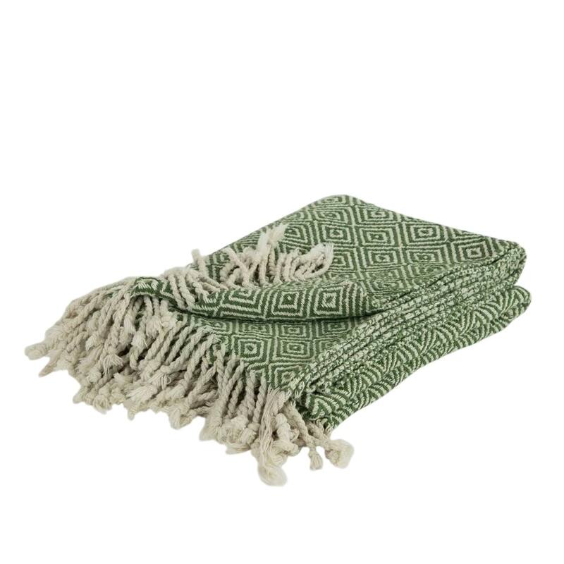 HomeRoots 50" X 60" Green Cotton Woven Geometric Throw Blanket with Fringe