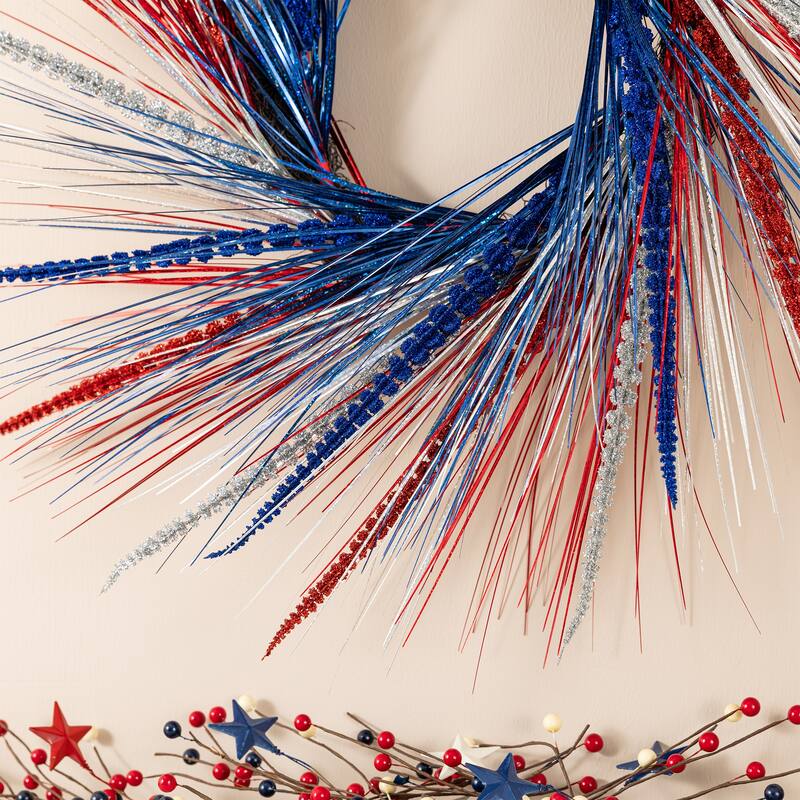 Glitzhome 24"D Patriotic/ Americana Tinsel and Heather Wreath