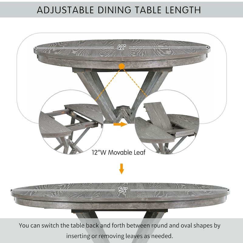 5-Piece Retro Functional Dining Table Set Extendable Round Table and 4 Upholstered Chairs for Dining Room and Living Room
