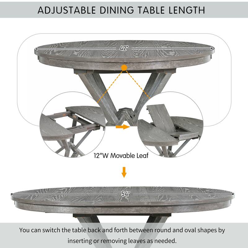 Roomfitters 5-Piece Retro Dining Table Set, Extendable Round Table with Leaf & Upholstered Chair, Dining Room Set