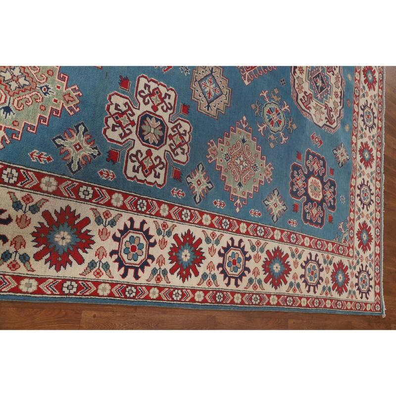 Light Blue Kazak Oriental Area Rug Hand-Knotted Geometric Wool Carpet - 8'4"x 11'2"