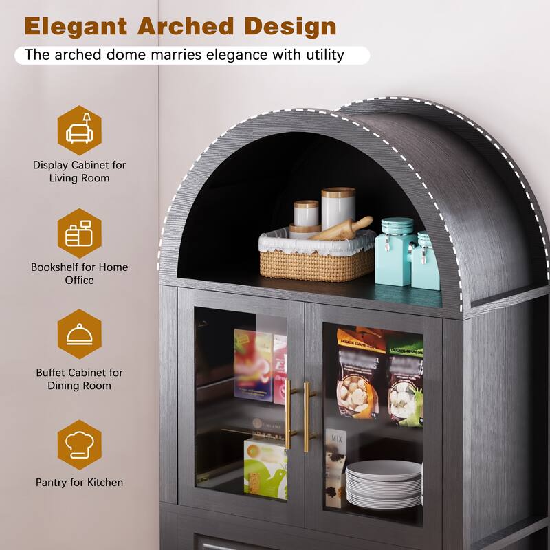 Arched Kitchen Pantry Cabinet, Storage Cabinet with Large Drawers, Display Cabinet with Glass Doors & Adjustable Shelves