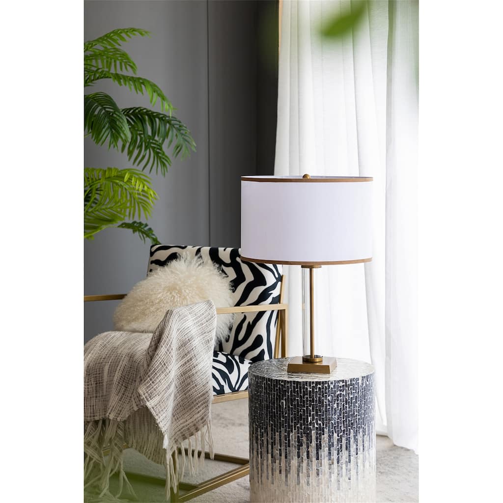 16x16x24" Gold and White Table Lamp with Glass Cylinder and Pedestal Base