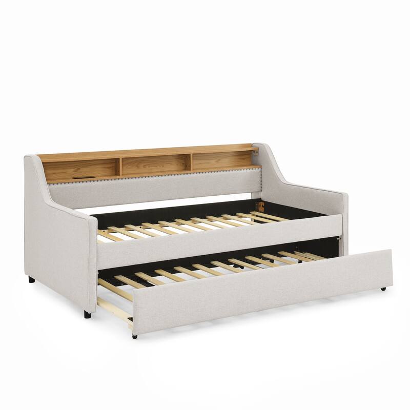 Roomfitters Twin Upholstered Daybed with LED Headboard Storage, Foldable-Leg Trundle & Wireless Charging