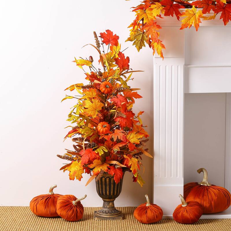 Glitzhome 3FT Fall LED Lighted Maple Leaves Urn Potted Porch Tree with Timer
