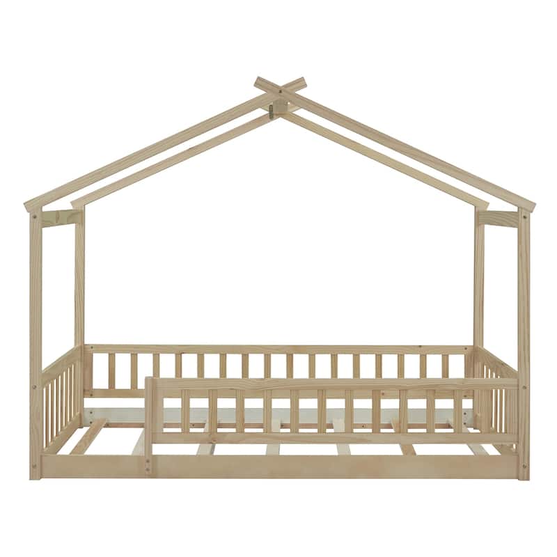 Twin Size Wood Bed House Bed Frame with Fence