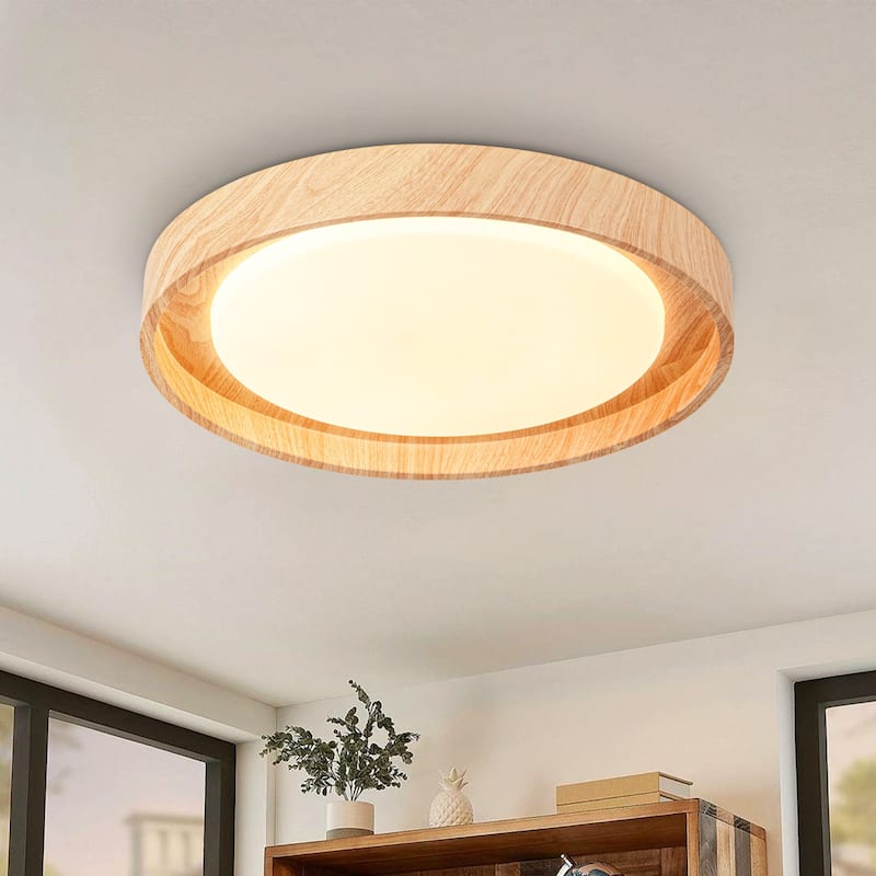 19.7" W Modern Minimalist Round Circle Integrated LED Flush Mount Ceiling Light with Wood Grain Finish