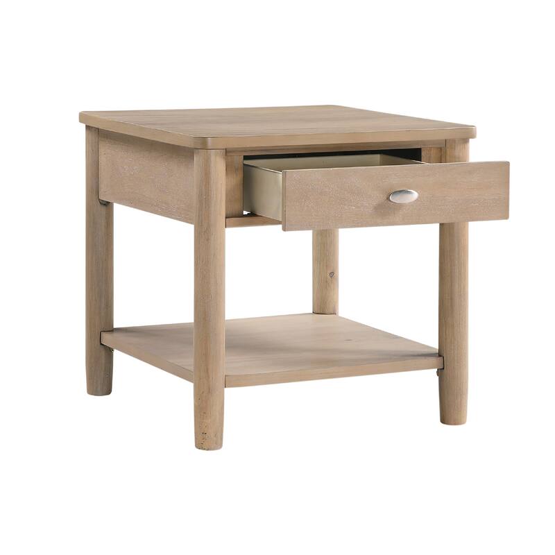 Neka Side End Table, Drawer Shelf, Brown Wood and Veneer, 24 Inch
