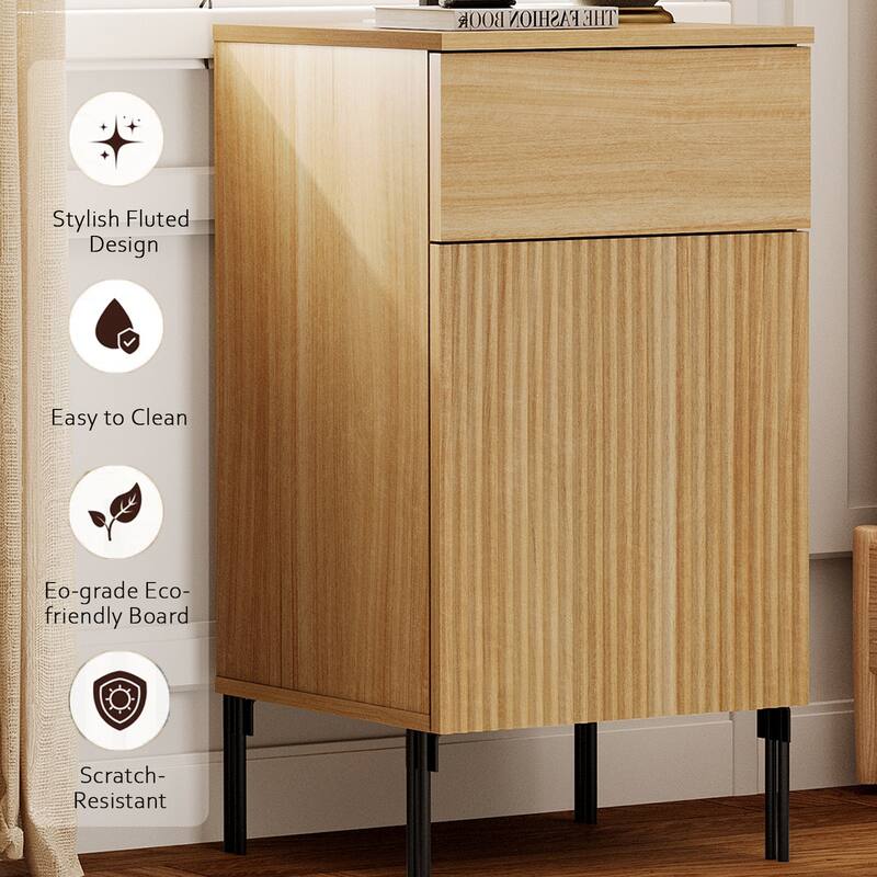 Modern Minimalist Nightstand Set Of 2 With Built-In Outlets, Reed Pattern Design