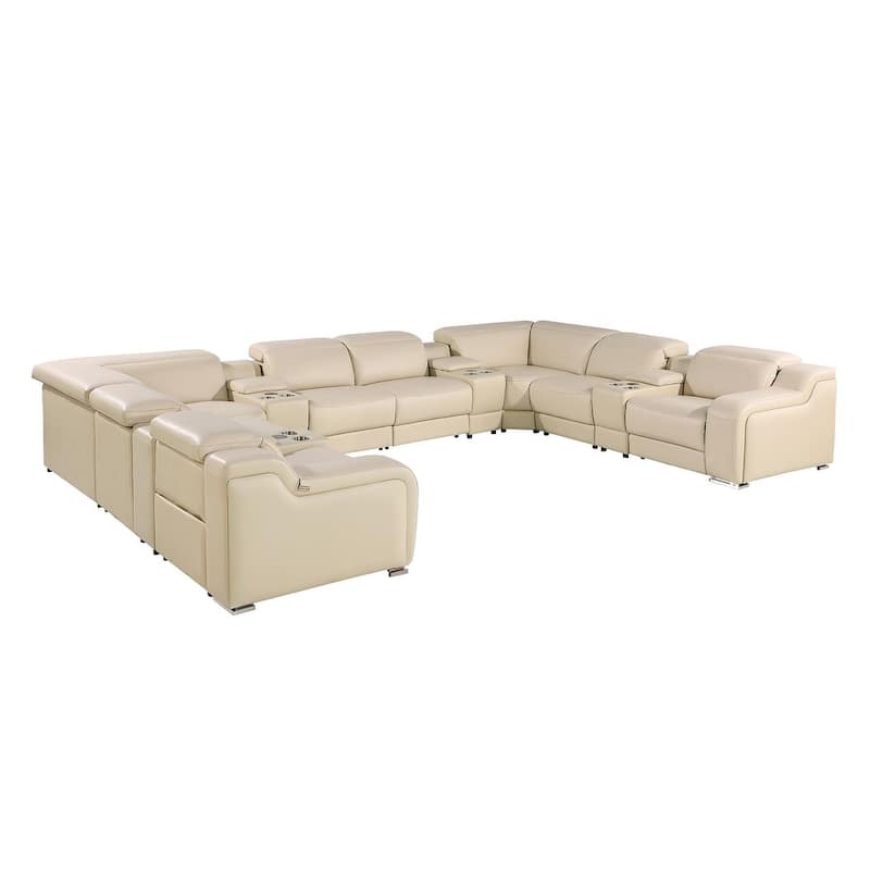 HomeRoots Beige Italian Leather Power Reclining U Shaped Twelve Piece Corner Sectional With Console
