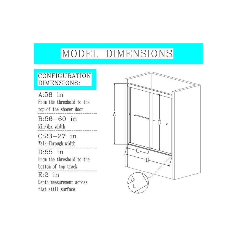 Semi-Frameless Double Sliding Tub Door, 1/4" Thick SGCC Tempered Glass