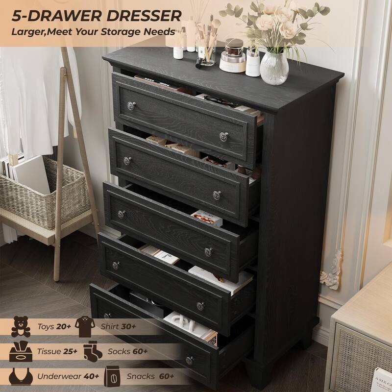 Black 5 Drawer Dresser for Bedroom, 48" Tall Wood Dresser & Chests of Drawers with Deep Drawers, Modern Chest Organizer
