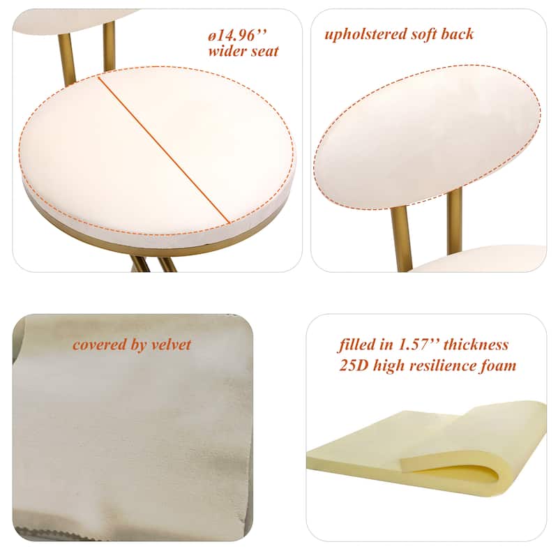 Metal Frame Round Bar Stool Set of 2, Armless Velvet Barstools w/Upholstered Back Counter Chair for Dining Room, Kitchen Island