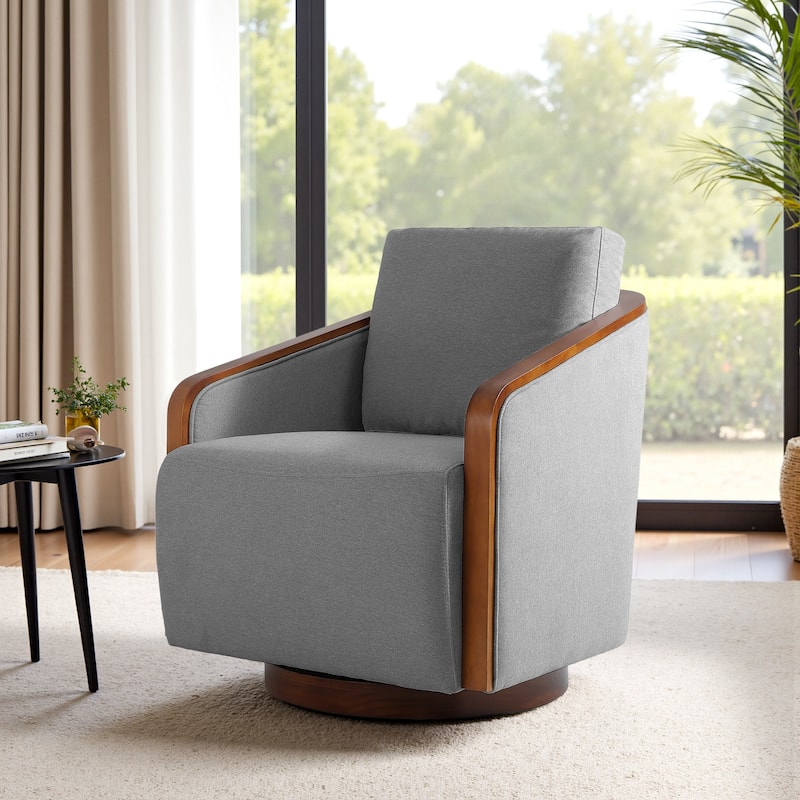 Upholstered Swivel Barrel Chair with Curved Wood Arms - LIGHT GREY