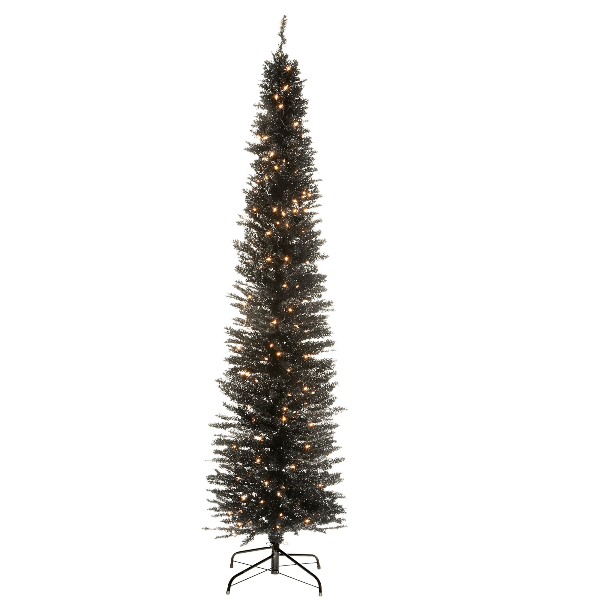 7' Pre-Lit Pencil Black Tinsel Artificial Christmas Tree Clear Lights - 7 Foot