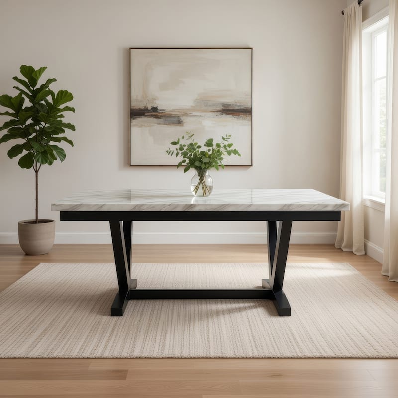 Oliver 72 Inch Dining Table With Faux Carrara Marble Top, White and Black