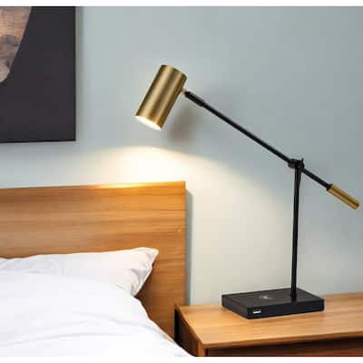 HomeRoots 22" Black Metal Swing Arm LED Desk Lamp With USB And Antiqued Gold Cylinder Shade - 5 x 22.5 x 22.25