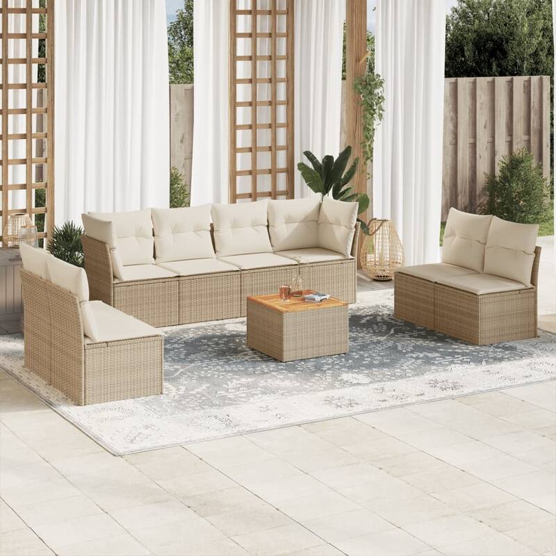 vidaXL Patio Sofa Set with Cushions Outdoor Furniture 9 Piece Poly Rattan - 21.7 x 21.7 x 14.6 - Beige and cream