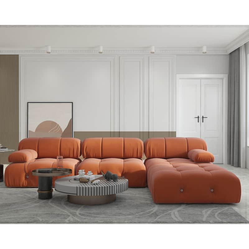 4-Seat Velvet Upholstered Reversible L-Shaped Sectional Sofa - Orange