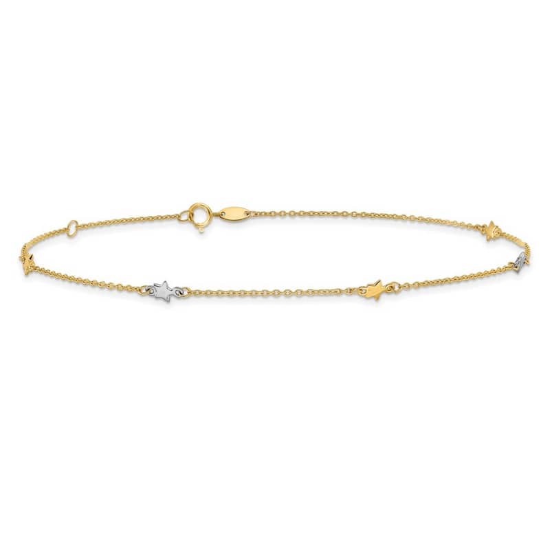 14k Two tone Gold 10+1" Polished 4mm Star Anklet (Spring-ring)