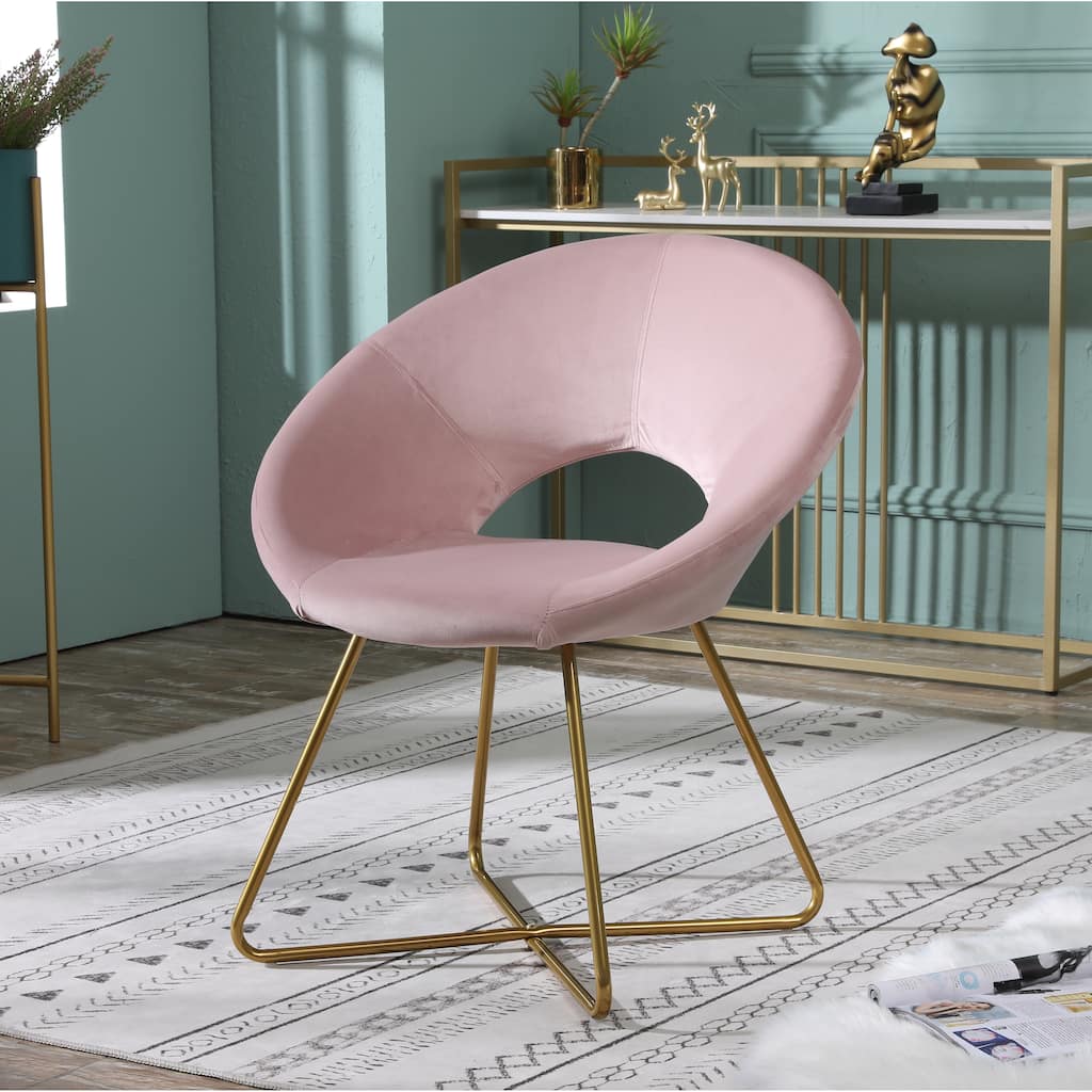 Pink Modern 28" Polyester Upholstered Accent Chair with Gold Tone Finished Base and Metal Sled Legs