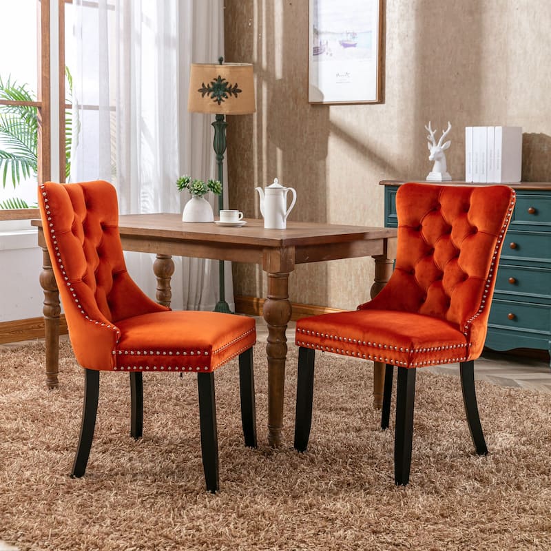 GDF Studio-Nikki Modern Wood Velvet Upholstered Dining Chair with Tufted Design, Nailhead Trim, 2-Pcs Set - Orange