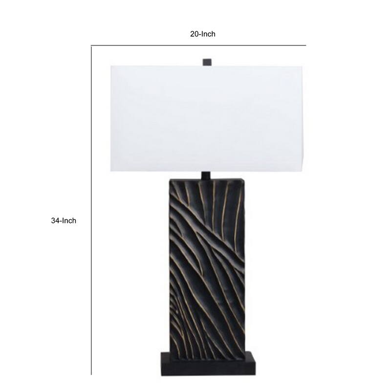 Len Table Lamp, White Rectangular Shade, Unique Lined Design Black Pedestal