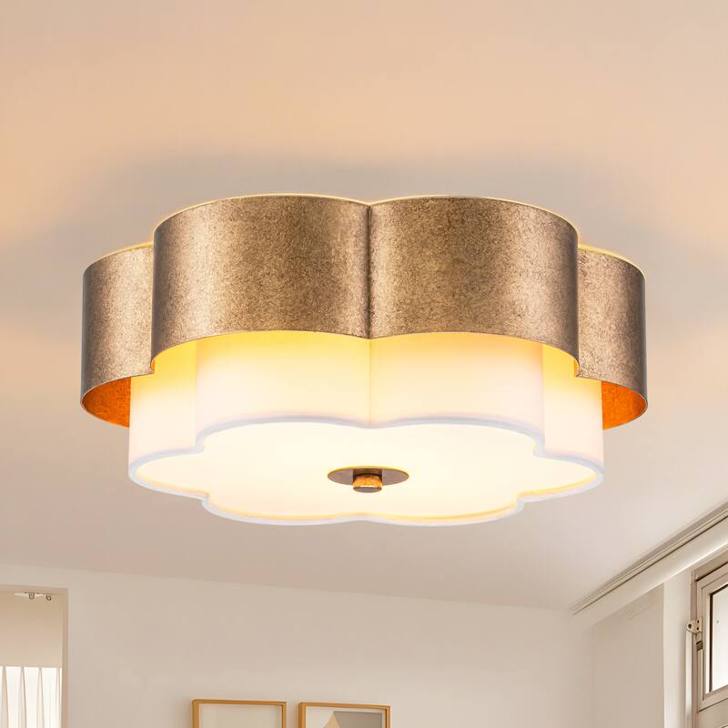 13.8" W Mid-Century Modern Tiered Flower/Circluar Drum Ceiling Light in Distressed Stain Gold with White Fabric Shade