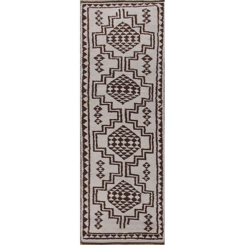 Geometric Anatolian Turkish Runner Rug Handmade Beige Wool Carpet - 3'1"x 11'6"