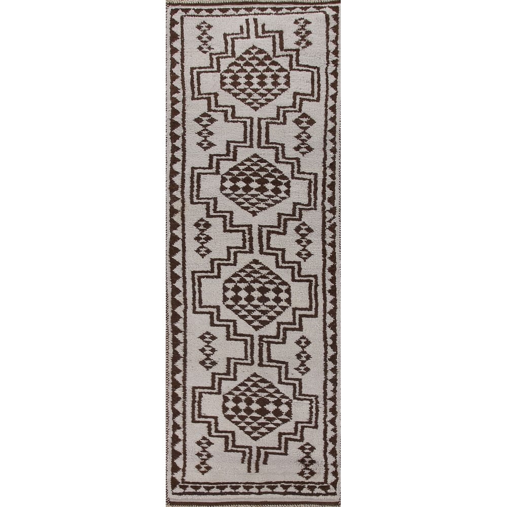 Geometric Anatolian Turkish Runner Rug Handmade Beige Wool Carpet - 3'1"x 11'6"