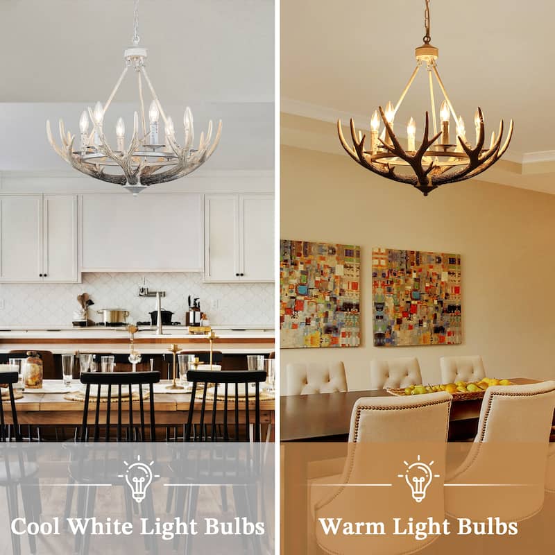 Adjustable Height 6 Lights Farmhouse Metal Frame Wagon Wheel Chandelier with Decorative Faux Antlers